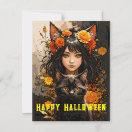 Cartão De Festividades Gata Negra e Halloween de Gato Negro