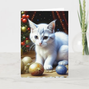 Cartão De Festividades Gatinho Branco Adorável Natal Personalizado