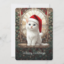 Gatinho Branco com Chapéu de Papai Noel Feriado