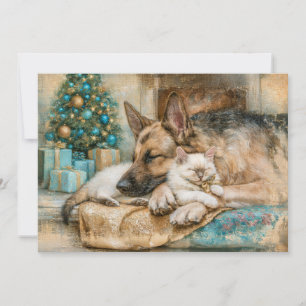 Cartão De Festividades Gatinho Branco Pastor Alemão Adormecido Natal