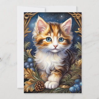 Cartão De Festividades Gatinho Calico em Moldura de Folhagem de Inverno
