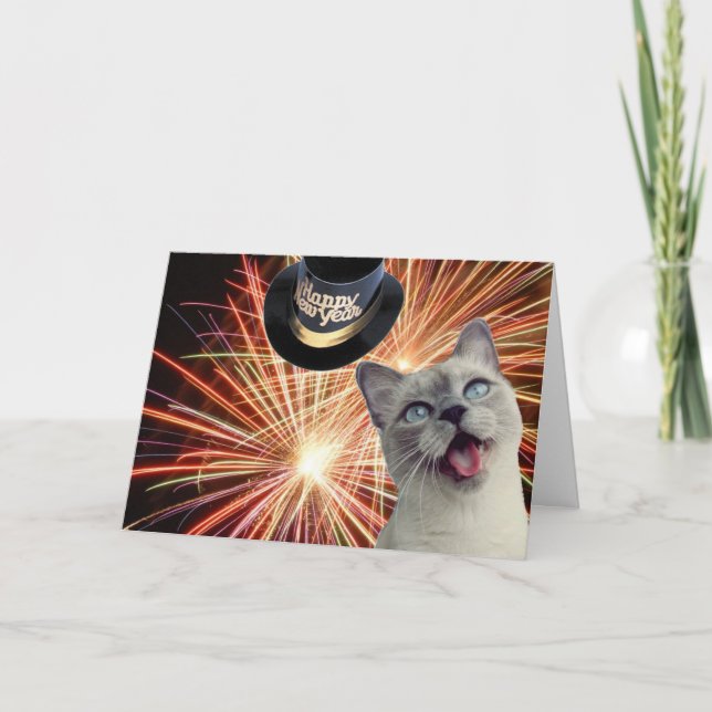 Cartão De Festividades Gatinho com fogos de artifício (Frente)