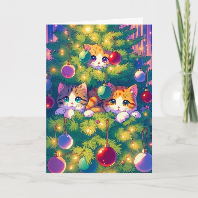 Cartão De Festividades Gatinho de anime em uma árvore de Natal (Frente)