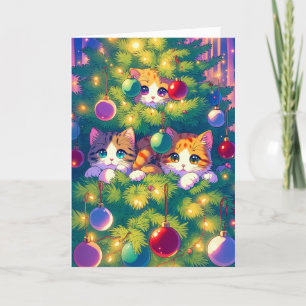 Cartão De Festividades Gatinho de anime em uma árvore de Natal