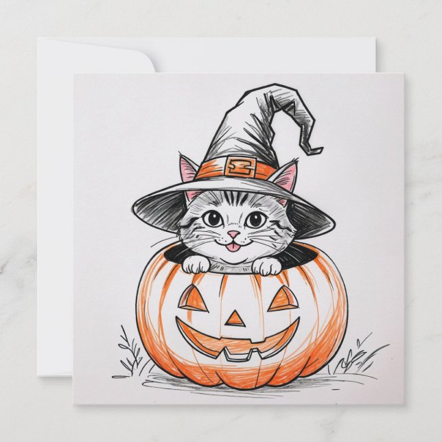 Cartão De Festividades Gatinho de bruxa fofa de Halloween e Jack O'Lanter (Frente)