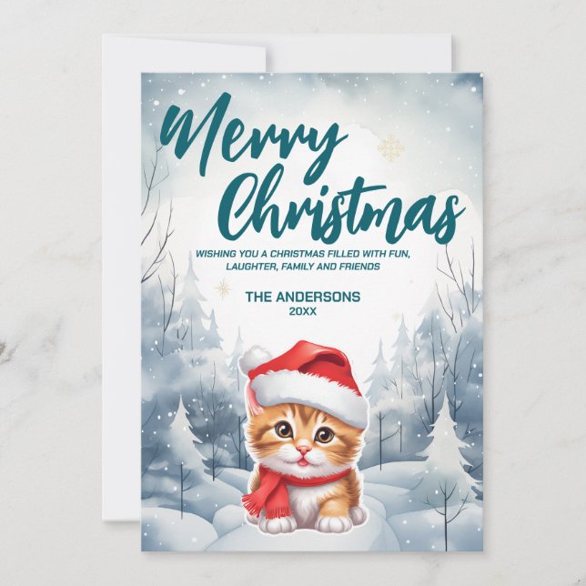 Cartão De Festividades Gatinho de Gato Engraçado Árvore Feliz Natal Festa (Frente)