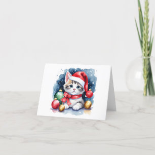 Cartão De Festividades Gatinho de Natal Branco e Cinza Precioso EM BRANCO