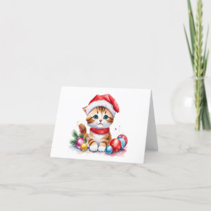 Cartão De Festividades Gatinho de Natal Laranja Fofo Tímido EM BRANCO