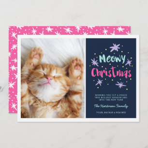 Cartão De Festividades Gatinho de Natal Meowy Foto de Natal Moderno Rosa