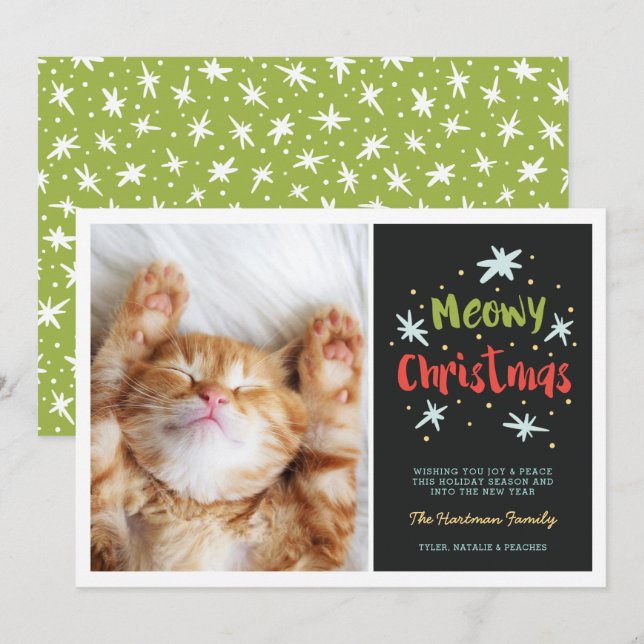 Cartão De Festividades Gatinho de Natal Meowy Foto de Natal Moderno Verde (Frente/Verso)
