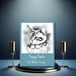 Cartão De Festividades Gatinho de Páscoa branca em Floral Eggshell