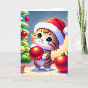Cartão De Festividades Gatinho Fofo Ajudando Com a Árvore de Natal