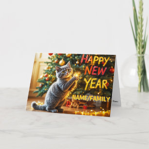 Cartão De Festividades Gatinho Fofo Brincando Com Luzes de Fada 