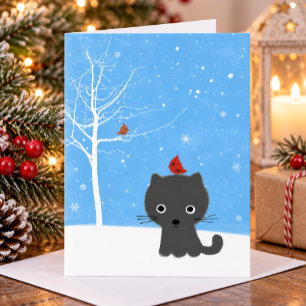 Cartão De Festividades Gatinho Fofo & Pequenos Pássaros Vermelhos Natal B