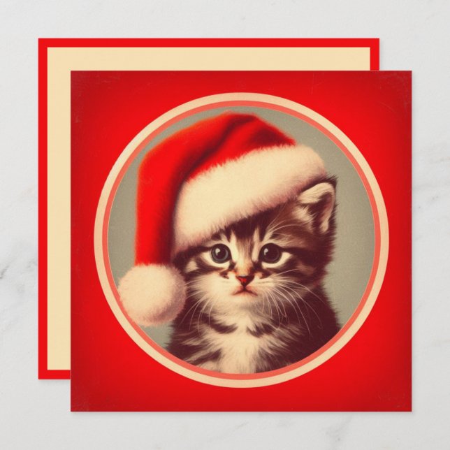Cartão De Festividades Gatinho giro em Santa Hat, Retro Vermelho (Frente/Verso)