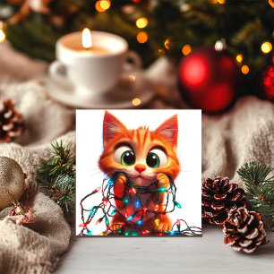 Cartão De Festividades Gatinho Laranja Curioso com Luzes Festivas