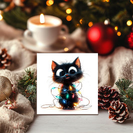 Cartão De Festividades Gatinho Preto Alegre Amarrado em Luzes de Natal