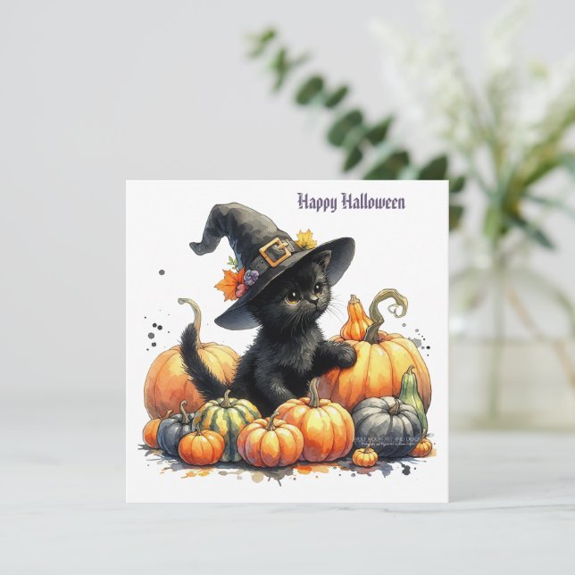 Cartão De Festividades Gatinho Preto de Halloween com Abóboras e Chapéu d (Em pé/Frente)