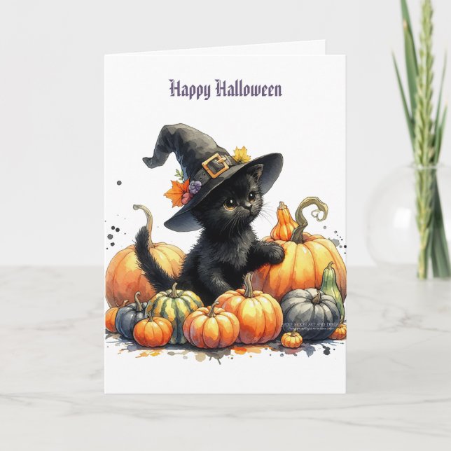 Cartão De Festividades Gatinho Preto de Halloween com Abóboras e Chapéu d (Frente)