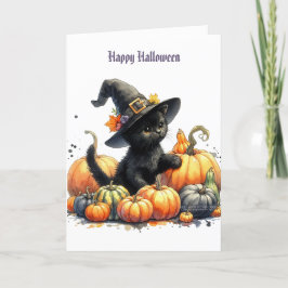 Cartão De Festividades Gatinho Preto de Halloween com Abóboras e Chapéu d