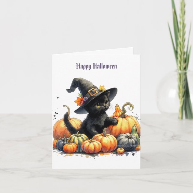 Cartão De Festividades Gatinho Preto de Halloween com Abóboras e Chapéu d (Frente)