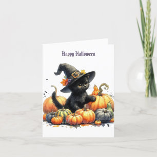 Cartão De Festividades Gatinho Preto de Halloween com Abóboras e Chapéu d