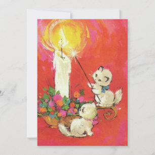 Cartão De Festividades Gatinhos Antigos Acendendo uma vela