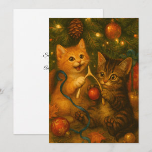 Cartão De Festividades Gatinhos e osso da sorte de peru sob a árvore de N