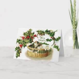 Cartão De Festividades Gatinhos natais vintages na cesta, Holly Berry