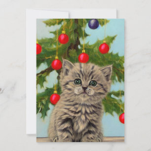 Cartão De Festividades Gato Antigo e Árvore de Natal