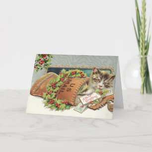 Cartão De Festividades Gato Antigo e Fruta de Azevinho
