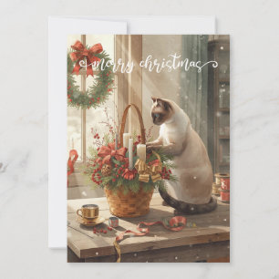 Cartão De Festividades Gato arranjando Flores de Inverno para o Natal