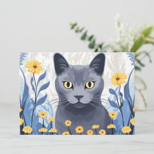 Cartão De Festividades Gato Azul Russo Flores Amarelas