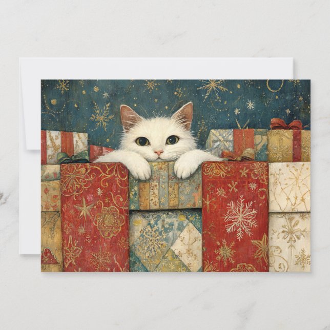 Cartão De Festividades Gato Branco Bonito Pavejando em presentes de Natal (Frente)