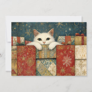 Cartão De Festividades Gato Branco Bonito Pavejando em presentes de Natal
