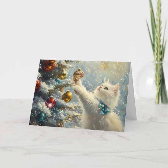 Cartão De Festividades Gato branco e árvore de Natal (Frente)