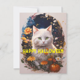 Cartão De Festividades Gato Branco Flor Feliz Halloween Magia