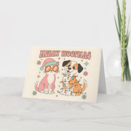 Cartão De Festividades Gato & Cachorro Retro Groovy Feliz Natal