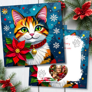 Cartão De Festividades Gato Calico Fofo com Poinsettias Natal Personaliza
