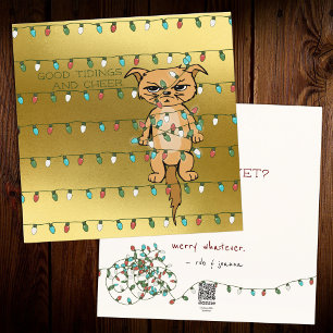 Cartão De Festividades Gato Cheio; Gatinho Engraçado Tangido em Luzes Xma