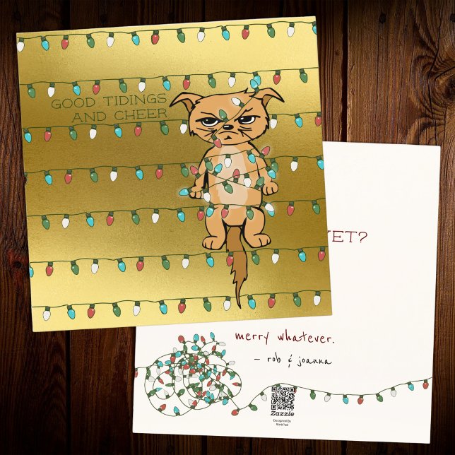 Cartão De Festividades Gato Cheio; Gatinho Engraçado Tangido em Luzes Xma (Criador carregado)