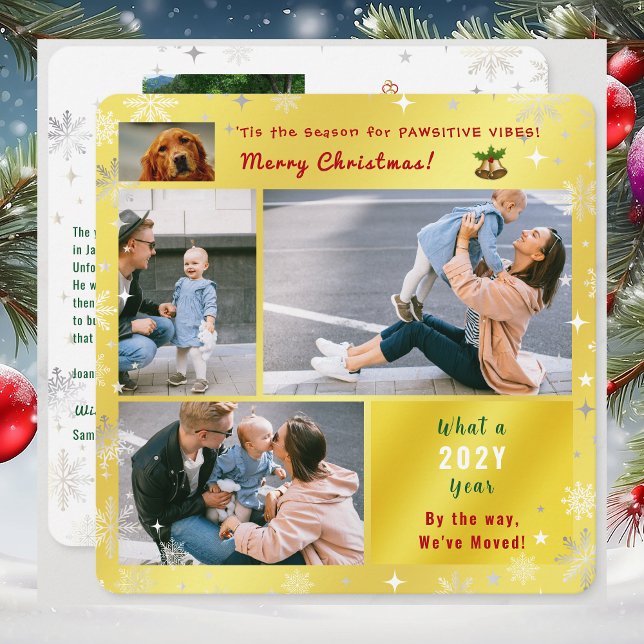 Cartão De Festividades Gato de Cachorro Engraçado Mudamos Novo Ouro de Fo (Funny dog Christmas card. Pawsitive humor. 5 Photos. We've moved letter. Elegant, golden. Snowflakes)