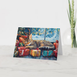 Cartão De Festividades Gato De Dormir Bastante Sob Árvore De Natal