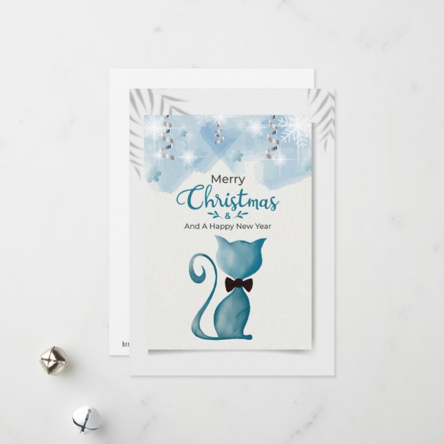 Cartão De Festividades Gato de Feliz Natal e Ano Novo (Frente/Verso In Situ)