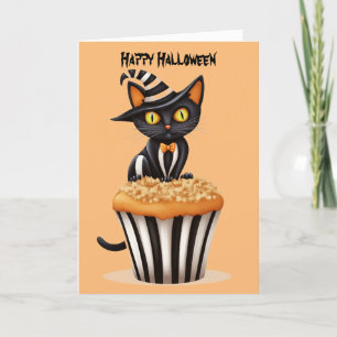 Cartão De Festividades Gato de Halloween com um muffin