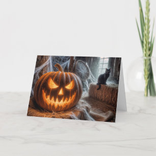 Cartão De Festividades Gato de Halloween Jack-o-Lanterna e Black Barn