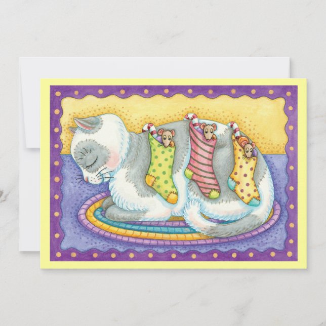 Cartão De Festividades Gato de Natal bonito dormindo com ratos em estoque (Frente)