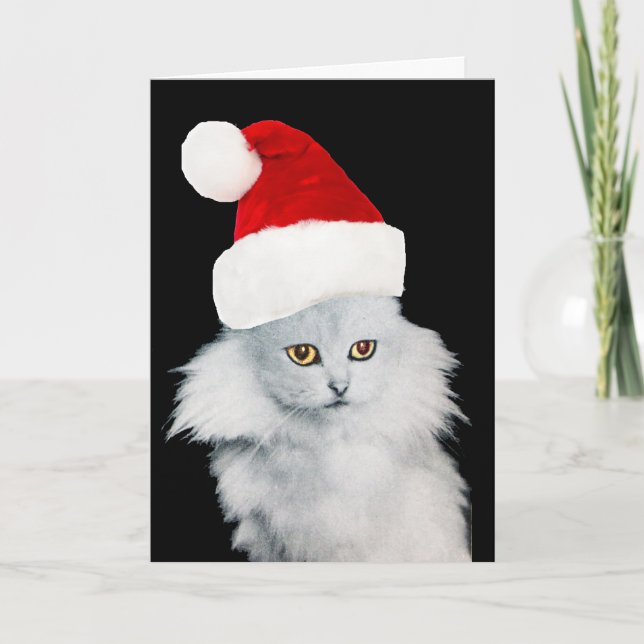 CARTÃO DE FESTIVIDADES GATO DE NATAL BRANCO COM CHAPÉU DE SANTA CLAUS (Frente)