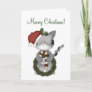 Cartão De Festividades Gato de Natal com Wreath+Candy Cane Humor