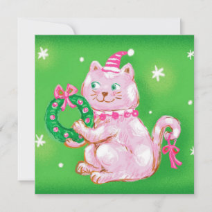 Cartão De Festividades Gato de Natal de Desenho Animado Fofo Segurando Gr